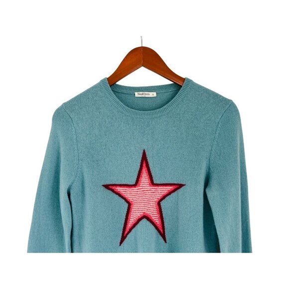 WoolOvers Mint Green Wool Sweater With Pink & Red Star Embroidery - Picture 3 of 10